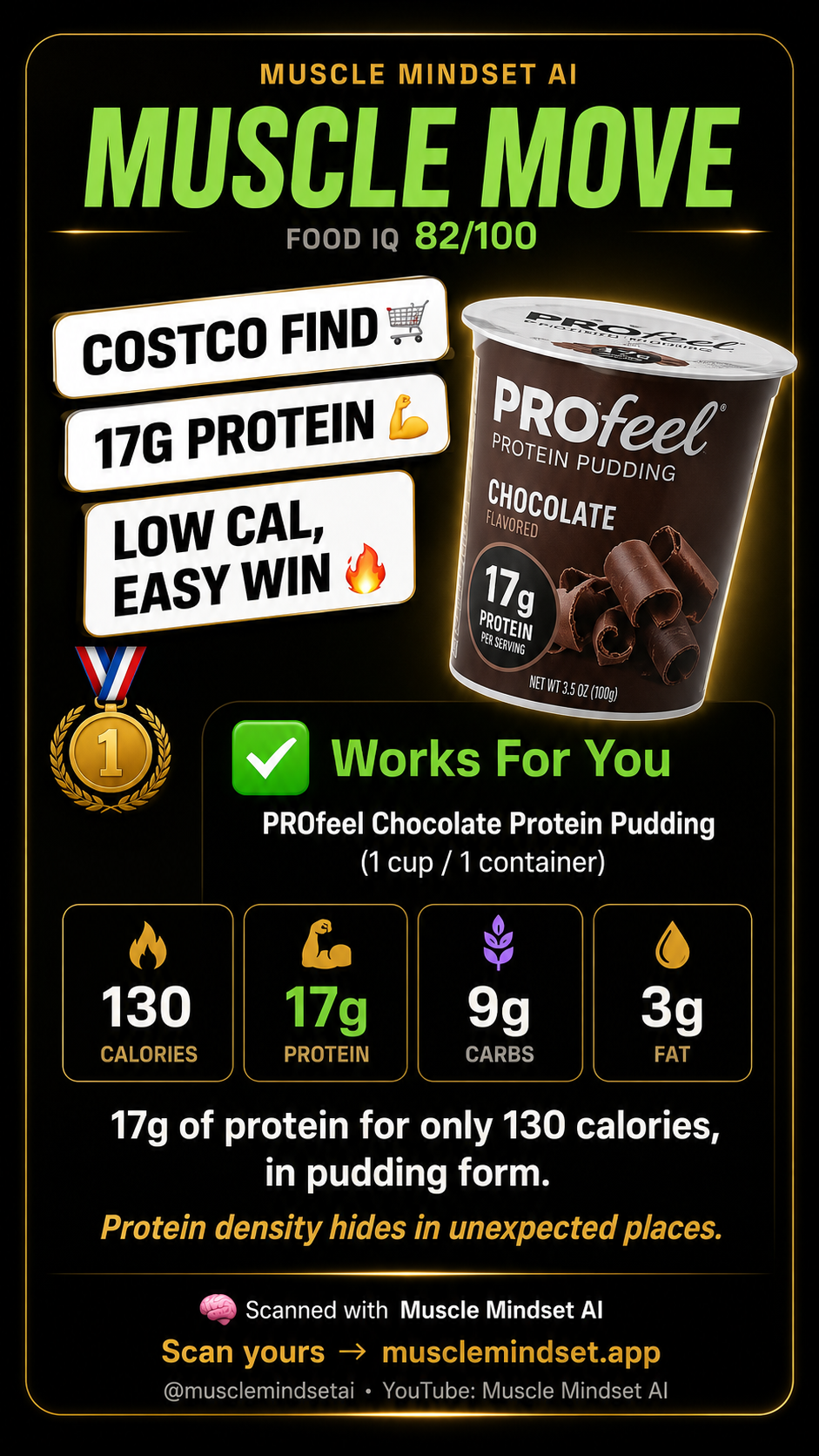 Muscle Mindset scan result: PROfeel Chocolate Protein Pudding - Muscle Move, Food IQ 82 of 100.